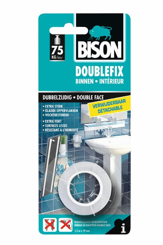 Bison Doublefix Verwijderbaar rol 1.5 m x 19 mm wit kaart